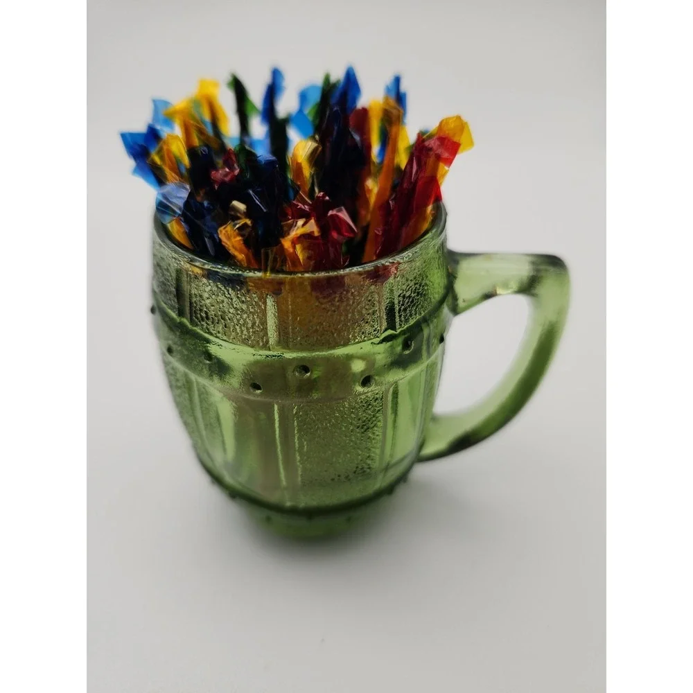 Vintage green glass mini whiskey barrel toothpick holder and shot glass 2.5